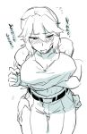  bangs belt breast_squeeze breasts commentary_request female_admiral_(kantai_collection) flying_sweatdrops groping hand_on_another&#039;s_hip ikeshita_moyuko kantai_collection leaning_forward pants parted_bangs shiomi_kaoru shirt_lift sidelocks sketch sweet tank_top translation_request 