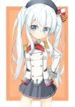  1girl blue_eyes commentary_request female gloves hand_on_hip hat hibiki_(kantai_collection) kantai_collection kashima_(kantai_collection) kashima_(kantai_collection)_(cosplay) long_hair rateratte school_uniform serafuku silver_hair skirt solo twintails uniform 