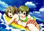  2girls ;d akai_ito ass bikini blush breasts clouds cloudy_sky downblouse from_side girl_on_top green_bikini hand_on_another&#039;s_back hatou_kei highres inflatable_raft multiple_girls nara_youko one_eye_closed open_mouth palm_tree print_bikini red_bikini short_hair side-tie_bikini sideboob sky smile splashing striped striped_bikini striped_swimsuit swimsuit tree water yasaka_minato yuri 