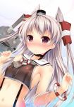  1girl :&lt; adapted_costume amatsukaze_(kantai_collection) armpits bare_shoulders blush breasts brown_eyes hair_tubes kantai_collection long_hair looking_at_viewer navel nironiro nose_blush rensouhou-kun sideboob silver_hair sleeveless solo suspenders two_side_up windsock 