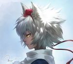  1girl animal_ears dated expressionless hat huang_xie inubashiri_momiji lowres pom_pom_(clothes) profile short_hair signature silver_hair solo tokin_hat touhou upper_body wolf_ears yellow_eyes 