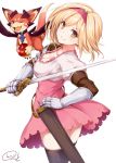  1girl apple blonde_hair blush breasts brown_eyes djeeta_(granblue_fantasy) dragon dress food fruit gauntlets granblue_fantasy hairband hand_on_hip looking_at_viewer note_(aoiro_clip) one_eye_closed scabbard sheath short_hair skirt smile solo sword vee_(granblue_fantasy) weapon 