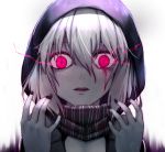  1girl black_fingernails blood bloody_tears crazy_eyes fang glowing glowing_eyes hair_between_eyes hoodie kantai_collection looking_at_viewer open_mouth portrait re-class_battleship red_eyes rubellent scarf short_hair silver_hair simple_background solo white_background 