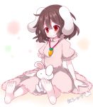  1girl animal_ears artist_name beni_shake brown_hair carrot_necklace dress inaba_tewi rabbit rabbit_ears red_eyes short_hair simple_background solo touhou white_background 