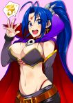  1girl :d antenna_hair arm_warmers belt blue_eyes blue_hair breasts cape cleavage cowboy_shot cross_earrings earrings facial_mark firo forehead_mark highres jewelry long_hair looking_at_viewer magical_halloween open_mouth pink_background ponytail popped_collar rosemary_bergamot smile solo 