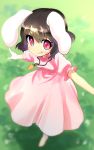  1girl animal_ears barefoot black_hair carrot dress grin highres inaba_tewi jewelry outstretched_arms pendant pink_dress rabbit_ears red_eyes short_hair siyajiyatouhou smile solo touhou 