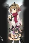  1girl alternate_costume bag blush breasts brown_hair cleavage green_eyes haruna_(kantai_collection) headgear heavy_breathing kantai_collection large_breasts mutsu_(kantai_collection) nagato_(kantai_collection) nironiro paper_bag red_scarf scarf short_hair smile sweater 