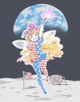  1girl american_flag american_flag_legwear american_flag_shirt blonde_hair clownpiece earth fairy_wings hat jester_cap long_hair looking_at_viewer lunar_module mitsumoto_jouji moon pantyhose red_eyes short_sleeves smile solo space torch touhou wings 