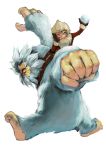 1boy absurdres bardosui blonde_hair coat gloves highres hoodie league_of_legends nunu one_eye_closed simple_background snowball solo violet_eyes white_background yeti_(creature) 