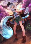  1girl blue_eyes full_body hair_ribbon hairband highres hitodama katana konpaku_youmu konpaku_youmu_(ghost) looking_at_viewer outdoors pi-pie ribbon short_sleeves silver_hair skirt solo sword touhou weapon 