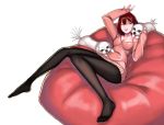  1girl absurdres aqua_nails arm_up bangs bean_bag black_legwear breasts cleavage dog highres nail_polish nermes one_eye_closed original pantyhose pink_sweater pullover redhead simple_background sitting sitting_on_object smile solo sweater white_background 