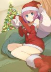  1girl ao_no_kanata_no_four_rhythm blue_eyes boots christmas christmas_tree dress elbow_gloves gift_bag gloves hat kurashina_asuka looking_at_viewer pink_hair red_boots sa/tsu/ki santa_costume santa_hat short_hair sitting smile solo strapless_dress yokozuwari 