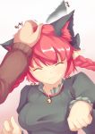  1girl :3 animal_ears bell bell_collar braid breasts cat_ears closed_eyes collar dress ear_twitch extra_ears green_dress hand_on_another&#039;s_head juliet_sleeves kaenbyou_rin large_breasts long_sleeves paw_pose petting pointy_ears pov pov_hands psychopath_idiot puffy_sleeves redhead touhou twin_braids upper_body 
