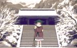  1girl animal_ears blush boots breath broom closed_eyes dress full-face_blush gloves green_hair kasodani_kyouko long_sleeves open_mouth scarf short_hair smile snow solo stairs touhou uto_(syy_uto) wide_sleeves 