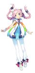  1girl aqua_eyes braid character_request copyright_request floating_hair full_body long_hair pantyhose rana_(vocaloid) shinbasaki sleeveless smile solo twin_braids vocaloid white_legwear wrist_cuffs 