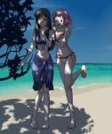  2girls ;d astrid beach bikini black_hair blue_eyes blush breasts cleavage fire_emblem fire_emblem:_akatsuki_no_megami fire_emblem:_souen_no_kiseki light_smile long_hair majin_(marcia) marcia multiple_girls navel ocean one_eye_closed open_mouth orange_eyes pink_hair shadow short_hair side-tie_bikini smile swimsuit tree v white_bikini white_swimsuit 