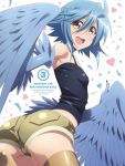  1girl ahoge ass blue_hair blue_wings copyright_name feathered_wings harpy highres monster_girl monster_musume_no_iru_nichijou open_mouth papi_(monster_musume) short_hair shorts tank_top wings yellow_eyes 