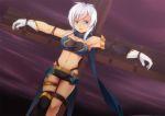  1girl bandeau bdsm blue_eyes bondage bound crucifixion gloves midriff navel open_mouth purple_background restrained rondoline_e_effenberg short_hair short_shorts shorts single_thighhigh solo tales_of_(series) tales_of_phantasia:_narikiri_dungeon_x thigh-highs white_gloves white_hair yasume_yukito 