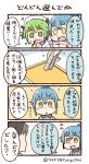  1boy 2girls 4koma :d ? blue_hair comic green_eyes green_hair hat labcoat line_(naver) multiple_girls no_eyes o_o open_mouth ponytail sailor_hat short_twintails smile sweat translation_request tsukigi twintails twitter twitter_username wavy_mouth yellow_eyes 