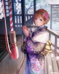  1girl anbe_yoshirou brown_hair flower fur hair_flower hair_ornament hands_clasped highres japanese_clothes lavender_eyes looking_at_viewer parted_lips rope short_hair shrine smile snow traditional_clothes winter 