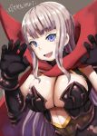  1girl anna_jensch armor armored_dress black_gloves breasts cape cleavage eyebrows fang gloves kanpani_girls large_breasts long_hair looking_at_viewer open_mouth red_cape silver_hair solo thick_eyebrows upper_body violet_eyes 