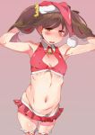  1girl bell blush brown_eyes brown_hair hat kunifuto santa_hat small_breasts solo twintails 