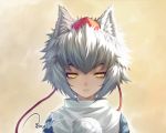  1girl animal_ears dated expressionless hat huang_xie inubashiri_momiji looking_at_viewer pom_pom_(clothes) short_hair signature silver_hair solo tokin_hat touhou upper_body wolf_ears yellow_eyes 