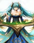 1girl aqua_hair bare_shoulders blue_eyes breasts cleavage gradient_hair instrument komecchi league_of_legends long_hair looking_at_viewer multicolored_hair smile solo sona_buvelle twintails very_long_hair 