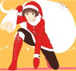  1girl bag belt black_legwear boots brown_eyes brown_hair carrying_over_shoulder crescent_moon dust gake_no_ue_no_ponyo grin hat jas kaonashi knee_boots kneeling looking_at_viewer mittens moon one_knee orange_background risa_(ponyo) santa_costume santa_hat sen_to_chihiro_no_kamikakushi short_hair smile snow studio_ghibli susuwatari 