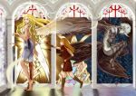 3girls absurdres artist_request barefoot blonde_hair boots clare_(claymore) claws claymore claymore_(sword) highres horn long_hair monster multiple_girls priscilla_(claymore) sword teresa weapon wings yellow_eyes 