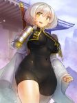  1girl armor bodysuit breasts kazo large_breasts long_sleeves looking_at_viewer open_clothes open_mouth open_vest original silver_hair skin_tight solo vest wide_sleeves yellow_eyes 