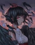  1girl black_hair black_wings evening feathered_wings feathers floating_hair glowing glowing_eyes hair_between_eyes hat highres japanese_clothes kusa_(adrian1119) lips lipstick looking_at_viewer makeup pom_pom_(clothes) red_eyes shameimaru_aya short_hair solo tokin_hat touhou upper_body wings 