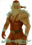  1boy beard belt blue_eyes buttons christmas eyebrows facial_hair glasses hat jaimito long_hair male_focus manly mittens muscle original pectorals pince-nez santa_claus santa_hat sleeveless solo tattoo thick_eyebrows white_background white_hair 
