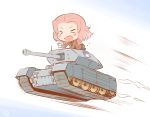  &gt;_&lt; 1girl blush_stickers chibi closed_eyes commentary_request crusader_(tank) cup flying girls_und_panzer hanomido military military_vehicle open_mouth pink_hair rosehip school_uniform short_hair solo spilling tank teacup vehicle 