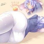  1girl ass blue_hair closed_eyes dated happy_new_year highres kokka_han lavender_hair letty_whiterock lying new_year on_side short_hair simple_background sleeping solo translated white_legwear 