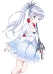  1girl blue_eyes dress earrings jewelry kenshin long_hair necklace ponytail rapier rwby scar scar_across_eye side_ponytail simple_background solo sword weapon weiss_schnee white_hair 