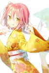  1girl floral_print japanese_clothes kimono looking_at_viewer obi original pink_hair sash short_hair smile solo tika_(mika4975) wide_sleeves yellow_eyes 