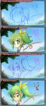  2girls :d artist_name barefoot blue_eyes blue_hair blush blush_stickers bow chibi cirno clouds cloudy_sky commentary daiyousei daniel_renard dress english eyelashes fairy_wings flying green_eyes green_hair hair_bow hair_ribbon heart heart_in_mouth highres ice ice_wings knees_together_feet_apart lake long_hair misty_lake mountain multiple_girls necktie open_mouth outdoors ribbon scarlet_devil_mansion short_hair side_ponytail sketch sky smile touhou water wings work_in_progress 