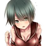  1girl bangs bare_shoulders blush breasts cleavage clenched_hand collarbone commentary_request detached_sleeves flying_sweatdrops green_eyes green_hair kantai_collection large_breasts looking_at_viewer mogami_(kantai_collection) open_mouth school_uniform serafuku short_hair solo swept_bangs tai_(nazutai) upper_body 
