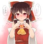  1girl :o ascot blush bow brown_hair detached_sleeves full-face_blush hair_bow hair_tubes hakurei_reimu haruki_5050 heart heart_hands highres looking_at_viewer red_eyes solo touhou translated 