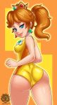  1girl ass blue_eyes brown_hair crown jewelry looking_at_viewer super_mario_bros. ponytail princess_daisy revtilian smile solo sportswear super_mario_bros. upper_body 