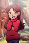  1girl braces brown_hair forest gravity_falls long_hair mabel_pines nature open_mouth skirt smile sweater 