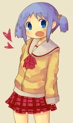  1girl blue_eyes blue_hair hair_cubes hair_ornament naganohara_mio nichijou school_uniform short_hair solo twintails 