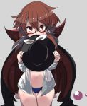  1girl behind_hat blue_panties blush brown_eyes brown_hair cloak covering_face dress_shirt glasses grey_background hat hat_removed headwear_removed kawa_mura kneeling long_hair looking_at_viewer low_twintails open_clothes open_shirt panties semi-rimless_glasses shirt solo tagme thigh_gap touhou twintails underwear usami_sumireko 