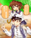  1boy 1girl :d =_= ? admiral_(kantai_collection) anchor_symbol blush_stickers brown_eyes brown_hair carrying commentary_request fang hair_ornament hairclip hat ikazuchi_(kantai_collection) kantai_collection military military_uniform naval_uniform open_mouth peaked_cap rain school_uniform serafuku short_hair shoulder_carry skirt sleeves_past_wrists smile spoken_question_mark suparutan thigh-highs thumbs_up translation_request umbrella uniform 