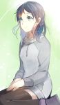  1girl aki_(neyuki41028) blue_eyes blue_hair braid dress hiradaira_chisaki nagi_no_asukara short_hair sitting sweater sweater_dress thigh-highs wariza 