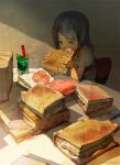  1girl black_hair book brown_eyes commentary_request cup demizu_posuka drinking_glass eating original sandwich sitting solo tears 