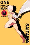  1girl ass bald black_eyes boots cape character_name copyright_name full_body genderswap gloves harazaki highres leotard onepunch_man red_boots red_gloves saitama_(onepunch_man) solo 