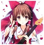  1girl ascot bare_shoulders blush bow brown_eyes brown_hair detached_sleeves guitar hair_bow hair_tubes hakurei_reimu headphones highres instrument long_hair looking_at_viewer nanairo_no_kiseki nontraditional_miko open_mouth petals solo touhou upper_body wide_sleeves 