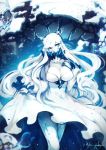 1girl artist_name blue_eyes breasts cleavage covered_mouth dress horns kantai_collection kyouya_(mukuro238) large_breasts long_hair midway_hime pale_skin shinkaisei-kan veins very_long_hair white_dress white_hair white_skin 